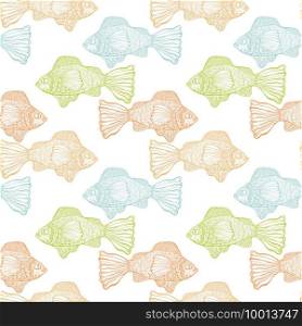 Vector Seamless Pattern with Bright Funky Fish . Hand drawn engraving style.