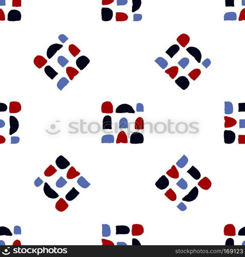Vector seamless pattern with brush stripes and dots. Blue red color on white background. Hand painted plaid texture. Ink geometric elements. Fashion modern style. Endless fabric check print. Vector seamless pattern with brush stripes and dots. Blue red color on white background. Hand painted plaid texture. Ink geometric elements. Fashion modern style. Endless fabric check print.