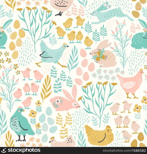 Vector seamless pattern with bunnies and chicken for Easter and other users. Design element.. Vector seamless pattern with bunnies and chicken for Easter and other users.