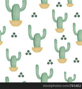 Vector seamless pattern with cactus and circles. Cute green cactus. Repeating hand drawn background.