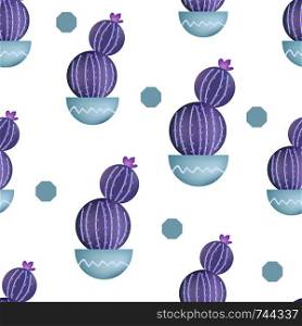 Vector seamless pattern with cactus and circles. Cute violet cactus. Repeating hand drawn background.