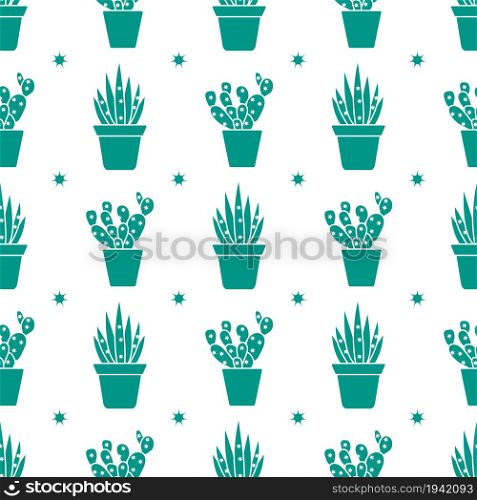 Vector seamless pattern with cactus and succulents. Trendy background. Tropical plants.