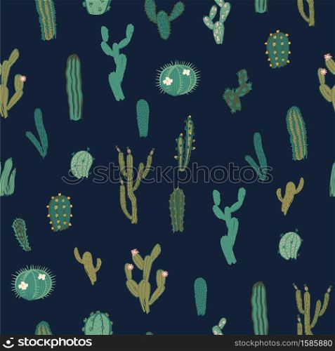 Vector seamless pattern with cactus. Repeated texture with green cacti. Natural hand drawing background with desert plants.. Vector seamless pattern with cactus. Repeated texture with green cacti.