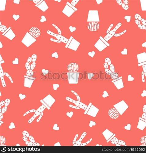 Vector seamless pattern with cactus, succulents, hearts. Trendy background. Tropical plants.