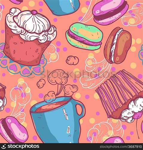 vector seamless pattern with cakes and cups of tea