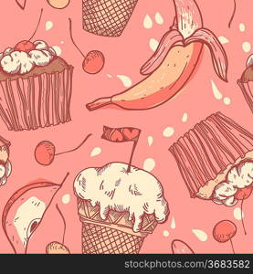vector seamless pattern with cakes, ice-cream and fruits