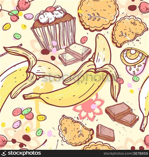 vector seamless pattern with candies,bananas and chocolate