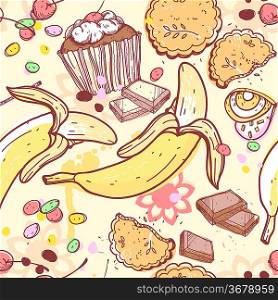vector seamless pattern with candies,bananas and chocolate