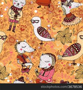 vector seamless pattern with cartoon animals on a floral background