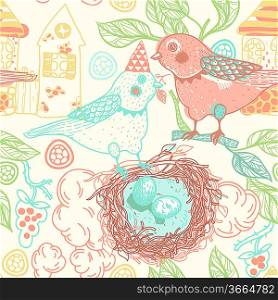 vector seamless pattern with cartoon birds and nests