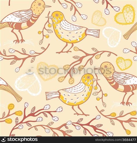 vector seamless pattern with cartoon birds and plants
