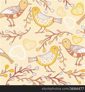 vector seamless pattern with cartoon birds and plants