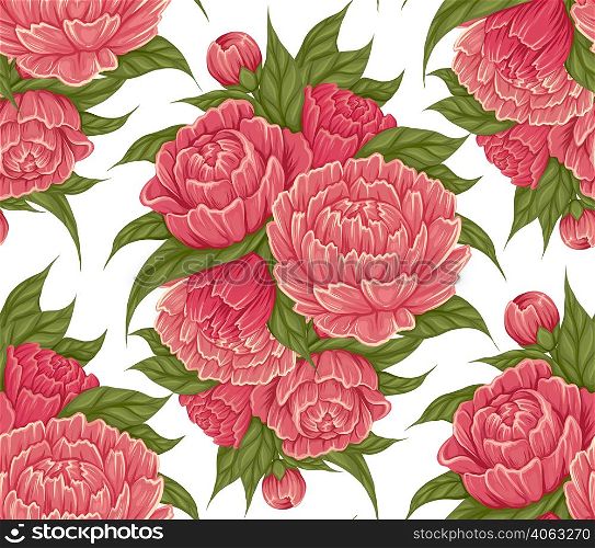 Vector seamless pattern with cartoon bush of peony flowers with foliage on white background. Botany retro texture of natural floral bouquet in powdery colors. Fabric swatch with lush floral decoration. Vector seamless pattern with cartoon bush of peony flowers with foliage on white background. Botany retro texture of natural floral bouquet
