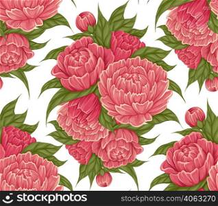 Vector seamless pattern with cartoon bush of peony flowers with foliage on white background. Botany retro texture of natural floral bouquet in powdery colors. Fabric swatch with lush floral decoration. Vector seamless pattern with cartoon bush of peony flowers with foliage on white background. Botany retro texture of natural floral bouquet
