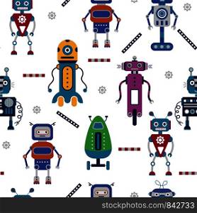 Vector seamless pattern with cartoon colorful robots on a white background.