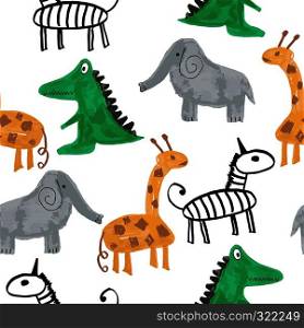 Vector Seamless Pattern with Cartoon Elephants, Zebras, Giraffes,and Crocodiles. Original design for children.