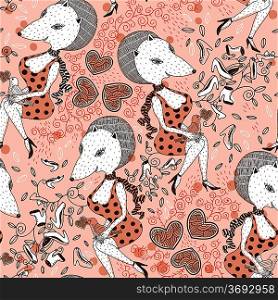 vector seamless pattern with cartoon foxes and fashion shoes on a floral background