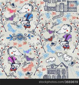 vector seamless pattern with cartoon foxes and vintage houses
