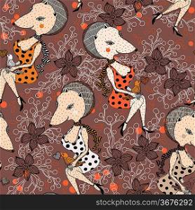 vector seamless pattern with cartoon foxes on a floral background