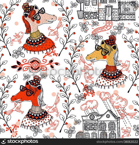 vector seamless pattern with cartoon horses and vintage houses and plants