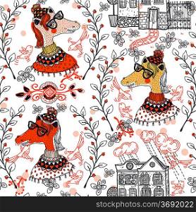 vector seamless pattern with cartoon horses and vintage houses and plants