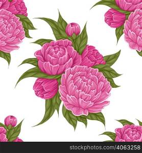 Vector seamless pattern with cartoon illustration of lush peony flowers with foliage on white background. Botany texture of natural floral bouquet. Retro fabric swatch with floral bush. Vector seamless pattern with cartoon illustration of lush peony flowers with foliage on white background. Botany texture of natural floral bouquet.