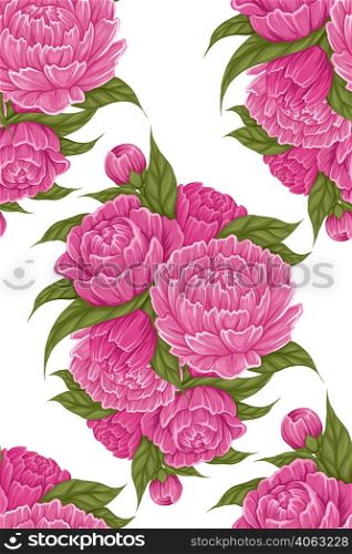 Vector seamless pattern with cartoon illustration of peony flowers with foliage on white background. Botany texture of natural floral bouquet. Fabric swatch with lush floral bush. Vector seamless pattern with cartoon illustration of peony flowers with foliage on white background. Botany texture of natural floral bouquet.