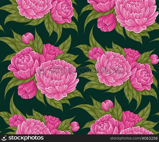Vector seamless pattern with cartoon lush peony flowers with foliage on dark green background for wrapping paper. Fabric swatch with floral bush. Botany texture of natural floral bouquet for wallpaper. Vector seamless pattern with cartoon lush peony flowers with foliage on dark green background for wrapping paper. Fabric swatch with floral bush.