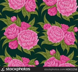 Vector seamless pattern with cartoon lush peony flowers with foliage on dark green background for wrapping paper. Fabric swatch with floral bush. Botany texture of natural floral bouquet for wallpaper. Vector seamless pattern with cartoon lush peony flowers with foliage on dark green background for wrapping paper. Fabric swatch with floral bush.