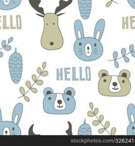 Vector Seamless Pattern with Cartoon Mooses, Rabbits, Bears,Branches, and Hello. Scandinavian style