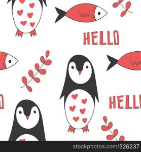 Vector Seamless Pattern with Cartoon Penguins, Fish, and Hello. Scandinavian style.