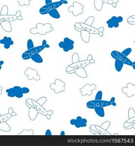 Vector seamless pattern with cartoon planes and clouds for texture, textiles and simple backgrounds.