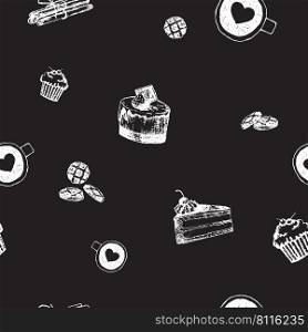 Vector seamless pattern with coffee cups and hearts, cakes, muffins and cinnamon. Illustration for cooffe shop or bakery in sketch engraving style. Vintage white chalk illustrations on dark grey background.