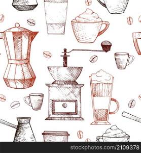 Vector seamless pattern with coffee.Hand-drawn illustration.. Vector seamless pattern with coffee.