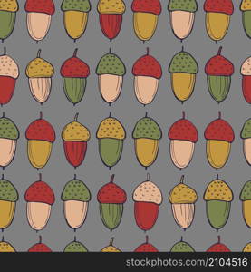 Vector seamless pattern with colored acorns on a gray background.. Vector seamless pattern with acorns