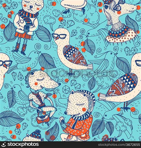 vector seamless pattern with colored cartoon animals