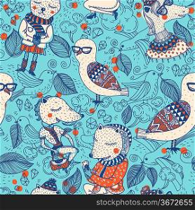 vector seamless pattern with colored cartoon animals