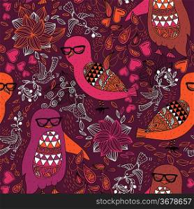 vector seamless pattern with colored owls and penguins