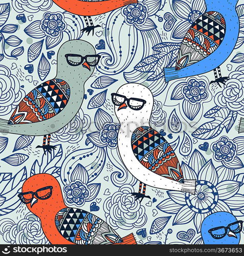 vector seamless pattern with colored owls on a floral backgroud