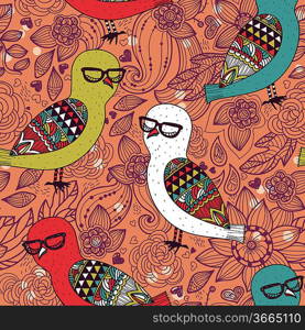 vector seamless pattern with colored owls on a floral background