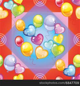 Vector seamless pattern with colorful balloons on red background. Pattern with colorful balloons on red background
