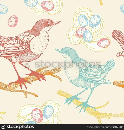 vector seamless pattern with colorful birds and nests
