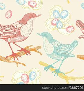 vector seamless pattern with colorful birds and nests