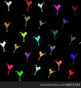 Vector seamless pattern with colorful cocktails on black background. Vector seamless pattern with cocktails and limes