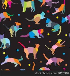Vector seamless pattern with colorful mosaic different breeds cats and different geometrical figures, on black background