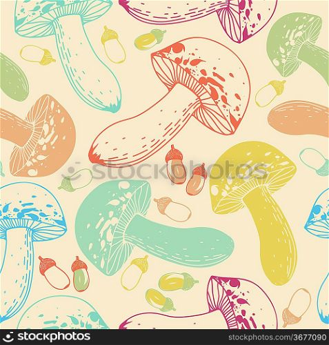 vector seamless pattern with colorful mushrooms and acorns