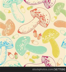 vector seamless pattern with colorful mushrooms and acorns