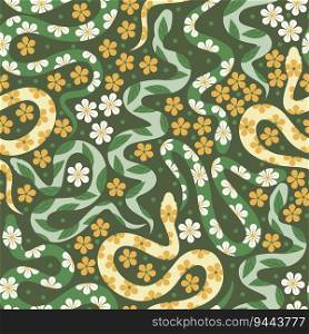 Vector seamless pattern with colorful ornate snakes and flowers.