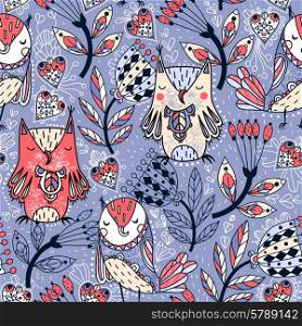 vector seamless pattern with colorful owls and fantasy flowers