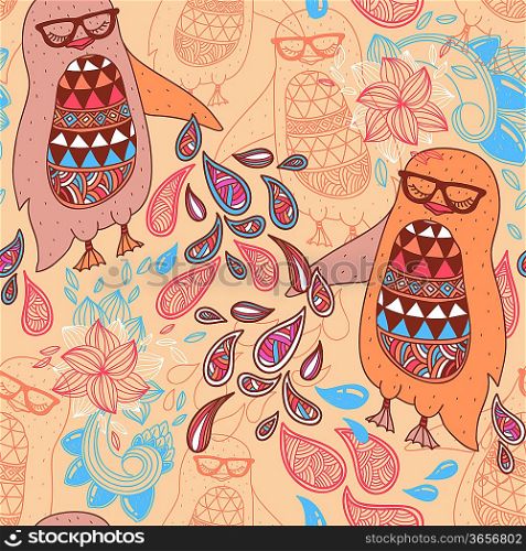 vector seamless pattern with colorful penguins on a floral background